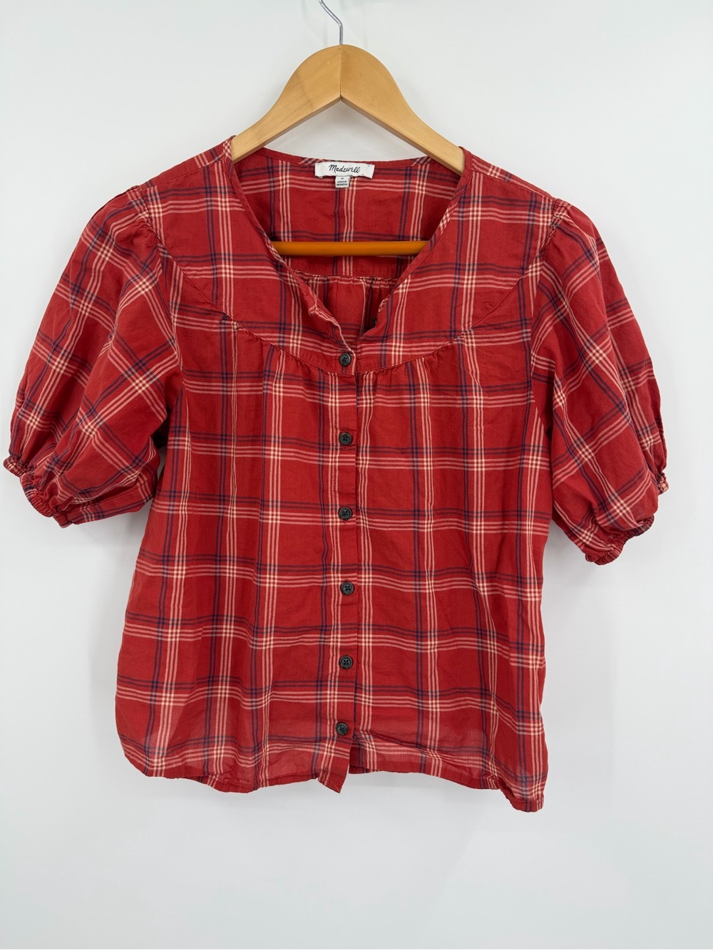 Madewell Red Plaid Puff Sleeve Button Front Blouse Top Size M